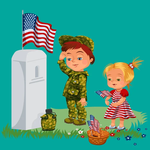 Memorial Day, crianças no cemitério militar, menina e menino no veterano de guerra grave, crianças da família honrando heróis caídos memória, nós bandeira vetor ilustração — Vetor de Stock