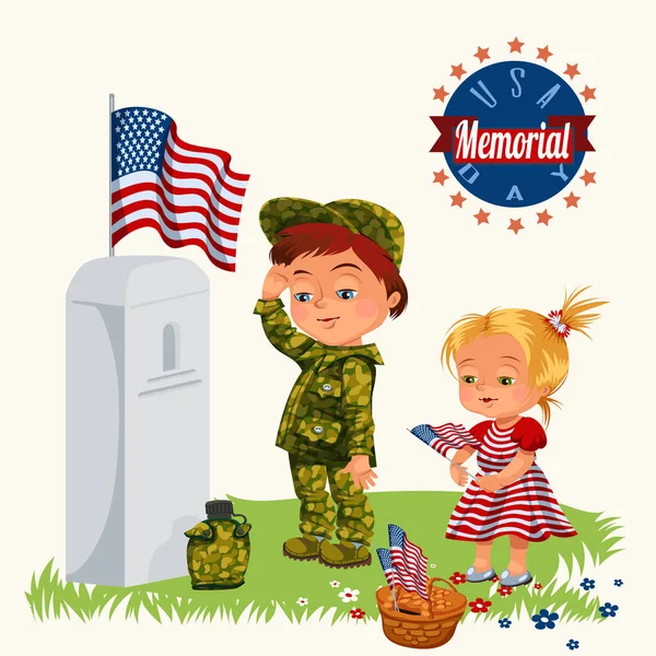 Memorial Day, childs på militära kyrkogård, lilla flicka och pojke på grav krig veteran, familj barn hedra minnet fallna hjältar, oss flagga vektor illustration — Stock vektor