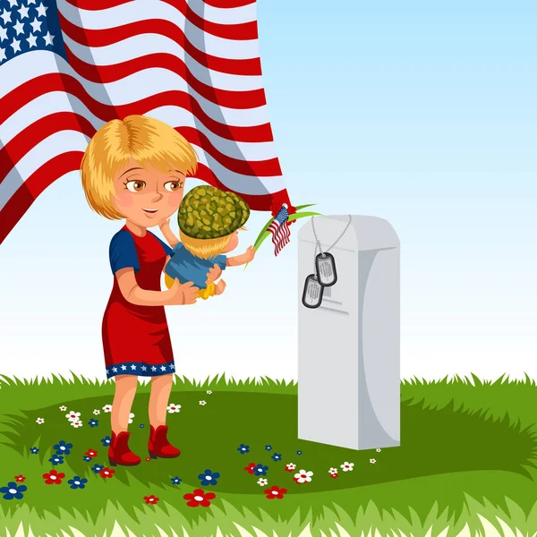 Ημέρα μνήμης, μητέρα με παιδί νεκροταφείο, κοριτσάκι καθορίζει λουλούδια στον τάφο Πολέμου βετεράνος, οικογένεια γυναίκα με τα παιδιά, τιμώντας τη μνήμη νεκρών ηρώων, στρατιωτικά διακριτικά και μας σημαία εικονογράφηση διάνυσμα — Διανυσματικό Αρχείο