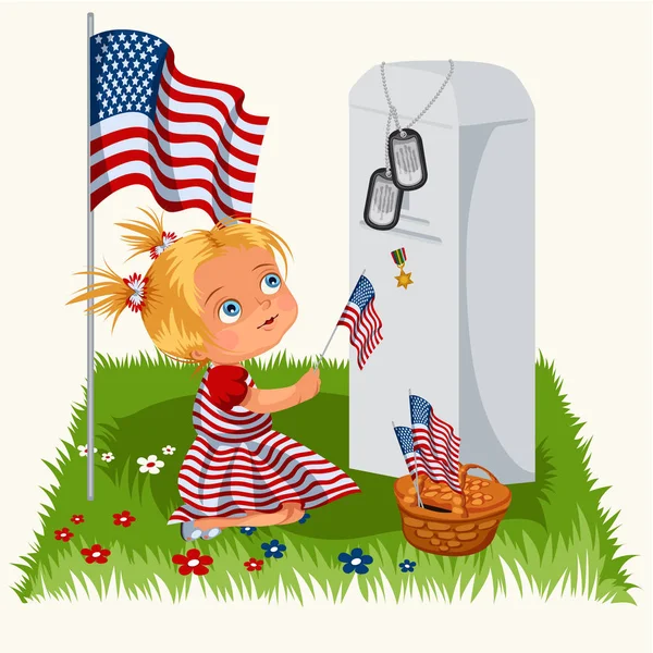 Giorno del Memoriale, bambini sul cimitero militare, bambina depone fiori sulla tomba veterano di guerra, bambini di famiglia onorare la memoria caduti eroi, gettoni americani e noi bandiera vettoriale illustrazione — Vettoriale Stock