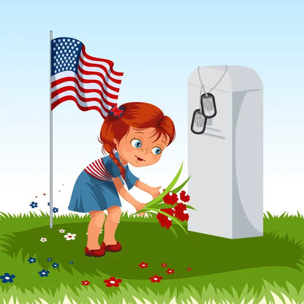 Memorial Day, a katonai temető, childs kislány meghatározza virágok a súlyos háborús veterán, családi gyermekek tiszteletére memória elesett hősök, amerikaiak tokenek és az USA zászló vektoros illusztráció — Stock Vector
