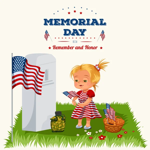 Giorno del Memoriale, bambini sul cimitero militare, bambina depone fiori sulla tomba veterano di guerra, bambini di famiglia onorare la memoria caduti eroi, gettoni americani e noi bandiera vettoriale illustrazione — Vettoriale Stock