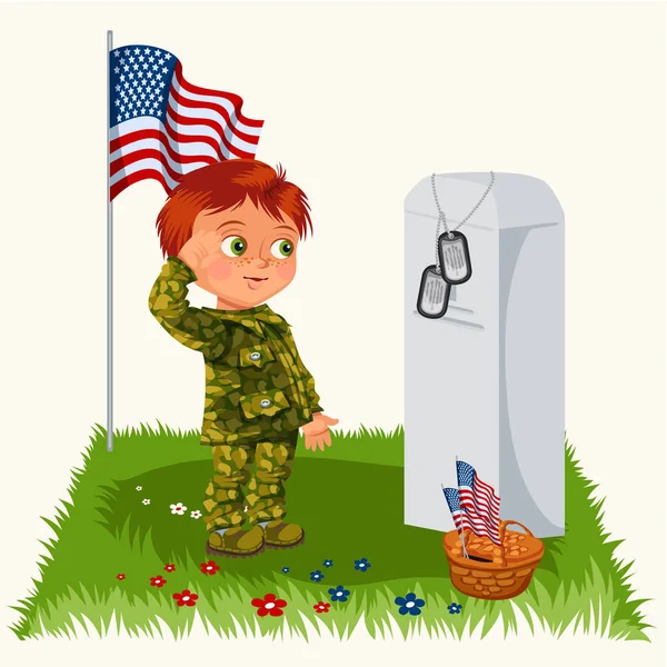 Gedenktag, Kinder auf dem Soldatenfriedhof, kleiner Junge in Uniform salutiert am Grab eines Kriegsveteranen, Familienkinder ehren gefallene Helden, Amerikaner uns Fahnenvektorillustration — Stockvektor