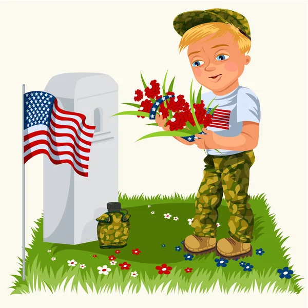 Memorial day háttér, amerikai veterán feküdt virágok fehér sírkő-ból emlékmű velünk zászló, katonák egyenruhában emlékszik és becsület-memória hős elszigetelt vektoros illusztráció — Stock Vector