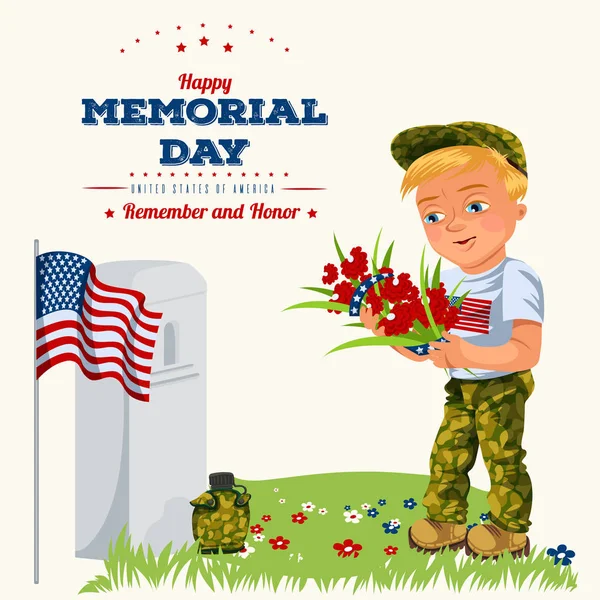 Giorno commemorativo sfondo, veterani americani laici fiori alla lapide bianca del monumento con noi bandiera, i soldati in uniforme ricordano e onore memoria eroe isolato vettoriale illustrazione — Vettoriale Stock