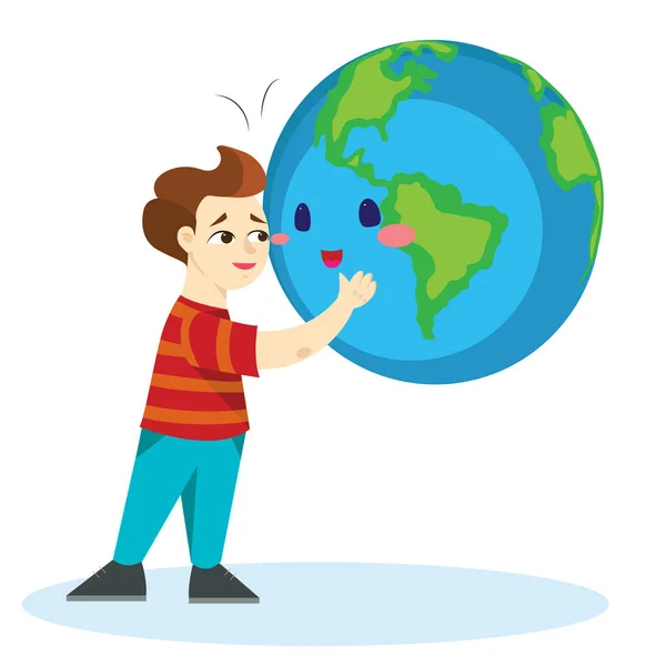 地球日, 快乐男孩拥抱地球, 爱世界的生态学概念, 绿色和蓝色地球保护, 全球生态保存自然矢量插图在白色背景下隔离 — 图库矢量图片