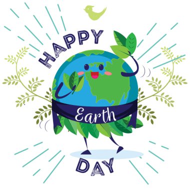 Dünya günü, gezegen çevrili yeşil ve yaprakları, ekoloji dünya kavramı, yeşil ve mavi küre koruma, küresel çevre doğa vektör illüstrasyon izole beyaz zemin üzerine Kaydet