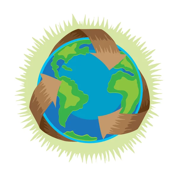 De dag van de aarde, recycle symbool rond groene planeet, recycling concept blauwe globe bescherming, global eco opslaan natuur vectorillustratie geïsoleerd op witte achtergrond — Stockvector