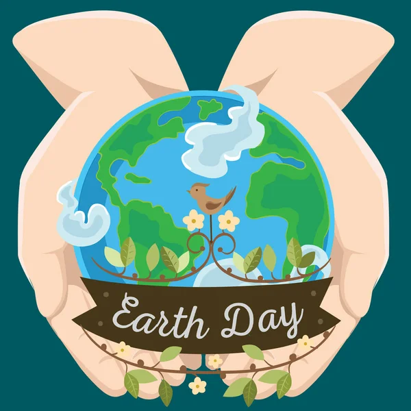 День Землі, щаслива планета, оточена хмарами в руках людини, глобус на відкритих долонях, концепція екології, захист зеленої та блакитної глобусів, глобальна екологічна збереження природи Векторні ілюстрації ізольовані на білому — стоковий вектор
