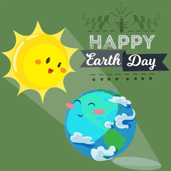 地球日, 快乐的太阳用它的黄色温暖的光线加热地球, 爱世界的生态概念, 绿色和蓝色的地球保护, 全球生态保存自然矢量插图在白色背景下隔离 — 图库矢量图片