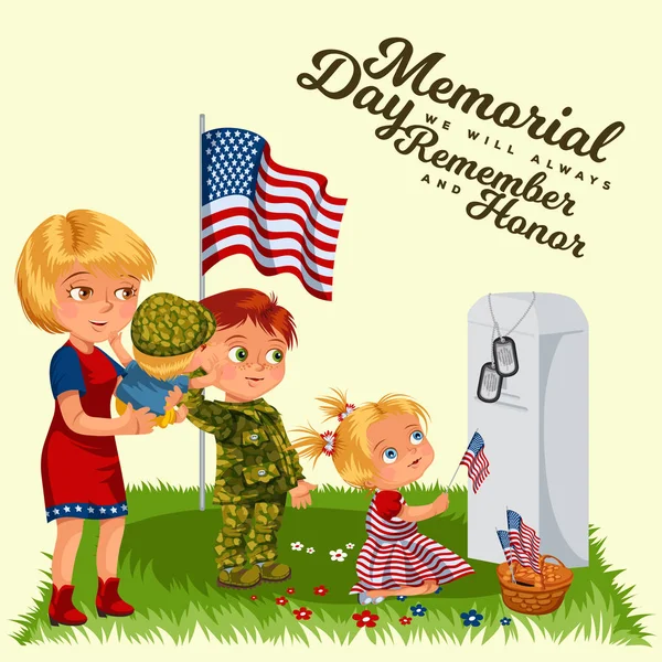 Buon Memorial Day, madre con bambino sul cimitero, bambina depone fiori sulla tomba veterano di guerra, moglie con bambini onorare memoria eroi caduti, gettoni militari e noi bandiera vettoriale illustrazione — Vettoriale Stock