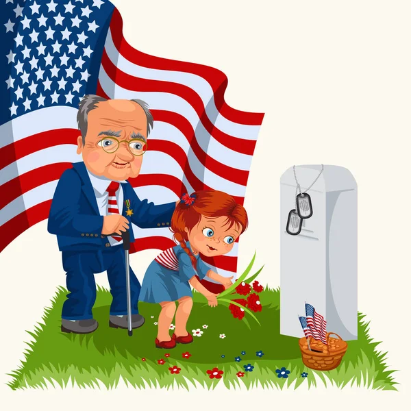 A gyermekek katonai temető emlékhely nap, felnőtt ember sír fehér emlékmű-hoz veterán, lány memória közelében, és ne feledje, háborús hősök, Amerikai zászló tokenek vektoros illusztráció — Stock Vector