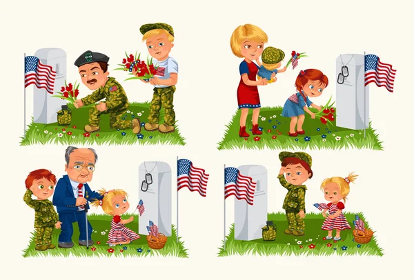 Homem sênior com crianças no cemitério militar perto da sepultura com monumento branco à memória do veterano, do menino da família e da menina e lembre-se dos heróis de guerra, ilustração do vetor das fichas da bandeira americana — Vetor de Stock