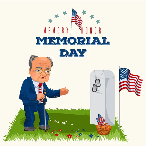 Memorial Day, uomo anziano sul cimitero militare vicino tomba con monumento bianco al veterano, memoria e ricordare gli eroi di guerra, bandiera americana gettoni vettoriale illustrazione — Vettoriale Stock