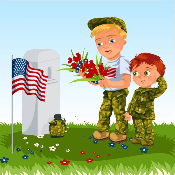 Memorial Day, homem com crianças no cemitério militar perto da sepultura com monumento branco ao veterano, memória de menino e lembre-se de heróis de guerra, ilustração de vetor de fichas de bandeira americana — Vetor de Stock