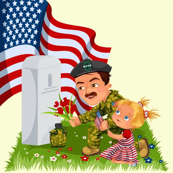 Memorial Day, uomo con bambini sul cimitero militare vicino tomba con monumento bianco al veterano, memoria ragazza e ricordare eroi di guerra, bandiera americana gettoni vettoriale illustrazione — Vettoriale Stock