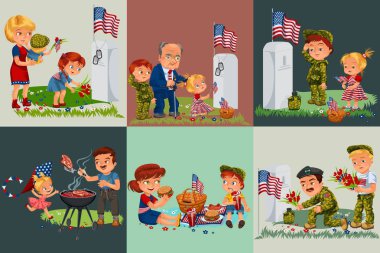 Komuta sizde askeri mezarlığı çocuklu yakınındaki kıdemli, Aile erkek ve kız bellek beyaz anıt mezar ve savaş kahramanları, hatırlıyorum Amerikan bayrağı simgeleri illüstrasyon vektör