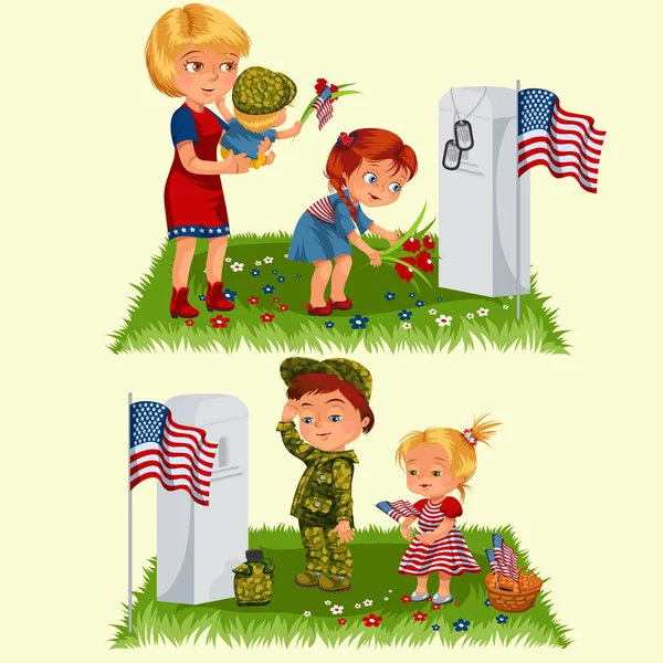 Memorial Day, mãe com criança no cemitério, menina coloca flores na sepultura, família Esposa com crianças honrando a memória heróis caídos, fichas militares e nós bandeira vetor ilustração — Vetor de Stock