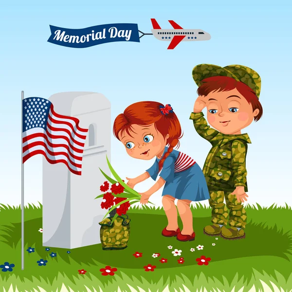 Giorno commemorativo, bambini in uniforme militare sul cimitero, bambina e ragazzo sulla tomba veterano di guerra, bambini di famiglia onorare la memoria eroi caduti, noi bandiera vettoriale illustrazione — Vettoriale Stock