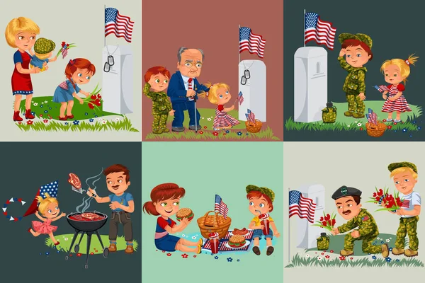 Uomo anziano con bambini nel cimitero militare vicino tomba con monumento bianco al veterano, famiglia ragazzo e ragazza memoria e ricordare eroi di guerra, bandiera americana gettoni vettoriale illustrazione — Vettoriale Stock