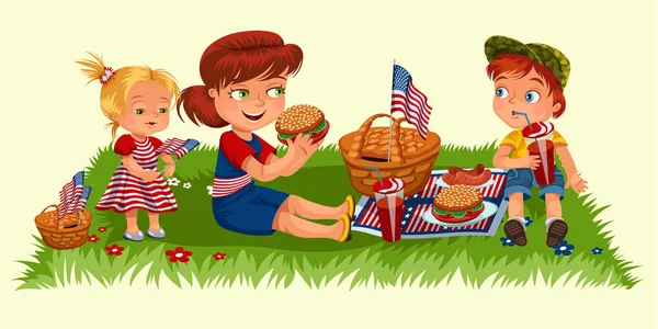 Mãe com dois filhos sentados na grama verde no parque ou jardim, cesta de piquenique com comida e bandeiras americanas, mulher e menino comendo hambúrgueres na natureza e bebendo refrigerante, menina desfrutando de vetor de férias — Vetor de Stock