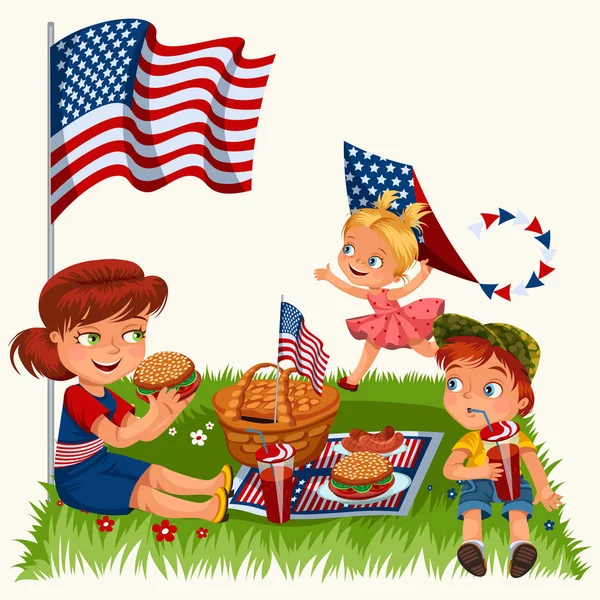 公園や庭で、ピクニック バスケット食品とアメリカの旗、女性少年自然のハンバーガーを飲食、ソーダ、ホリデイ ・ ベクトルを楽しむ女の子と緑の草の上に座って 2 人の子供を持つ母 — ストックベクタ