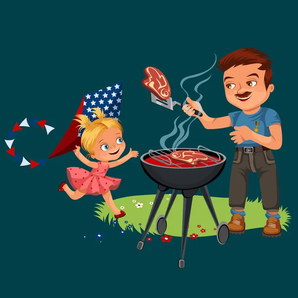 Family resting in park or garden, dad grilling meat on grill, girls play on green grass with kite and American flags, family man on picnic patriotic vector illustration — Stock Vector