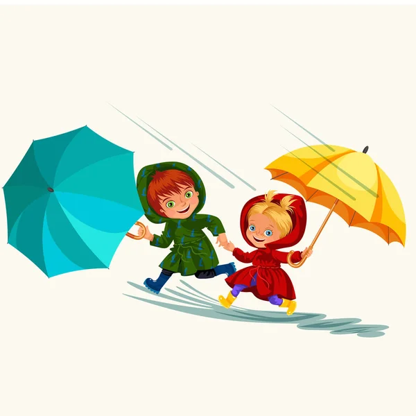 Children walking under raining sky with an umbrella, drops of rain are dripping into puddles, raining boy and girl in waterproof jacket and rubber boots jumping over water vector illustration — Stock Vector