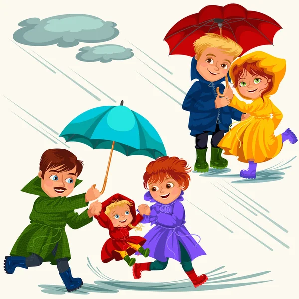 Family husband and wife walking rain with umbrella in hands, raindrops dripping into puddles, dad and mom holding baby by hand, couple in love under raining clouds vector illustration — Stock Vector