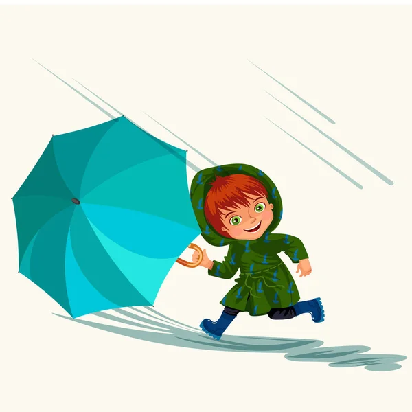 Los niños que caminan bajo el cielo lluvioso con un paraguas, gotas de lluvia gotean en charcos, niños o niñas con chaqueta impermeable y botas de goma saltando sobre la ilustración del vector de agua — Archivo Imágenes Vectoriales