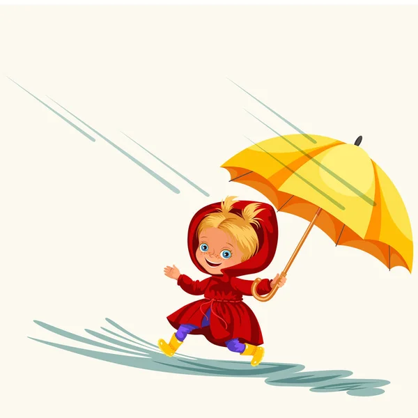 Barn gå under regnar himlen med ett paraply, regndropparna droppande i pölar, regnar kid flicka i vattentät jacka och gummi stövlar hoppa över vatten vektorillustration — Stock vektor