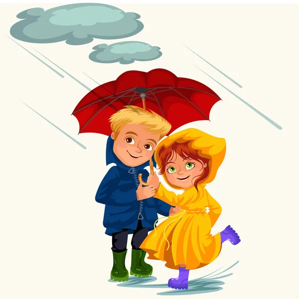 Família marido e mulher andando chuva com as mãos guarda-chuva, gotas de chuva pingando em poças, homem e mulher botas de borracha casaco impermeável, casal apaixonado sob nuvens chuvosas vetor ilustração — Vetor de Stock