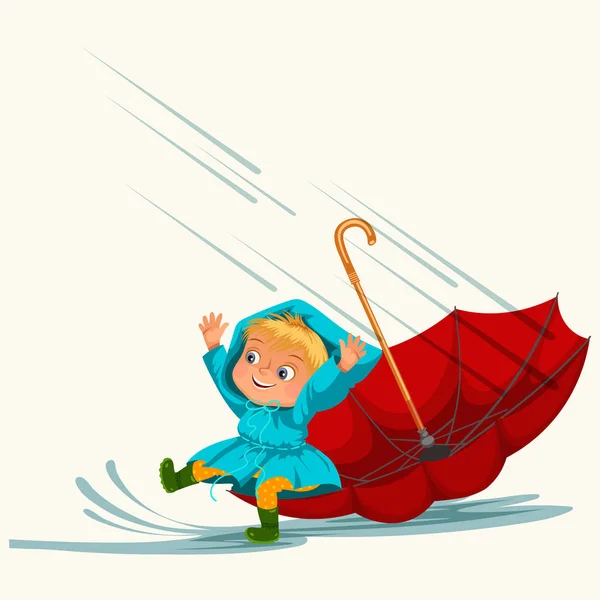 Barn gå under regnar himlen med ett paraply, regndropparna droppande i pölar, regnar pojke eller flicka i vattentät jacka och gummi stövlar hoppa över vatten vektorillustration — Stock vektor