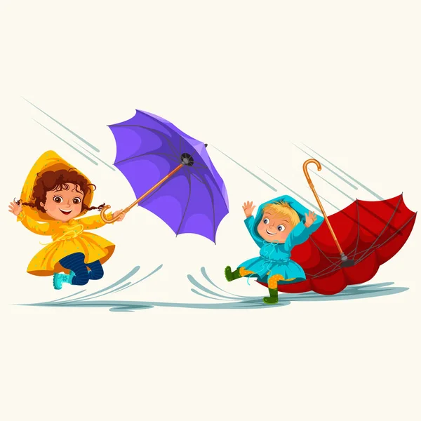 Children walking under raining sky with an umbrella, drops of rain are dripping into puddles, raining boy and girl in waterproof jacket and rubber boots jumping over water vector illustration — Stock Vector