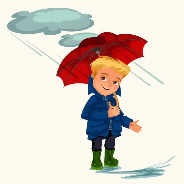 Man walking rain with umbrella hands, raindrops dripping into puddles, boy waterproof jacket rubber boots under raining clouds vector illustration — Stock Vector