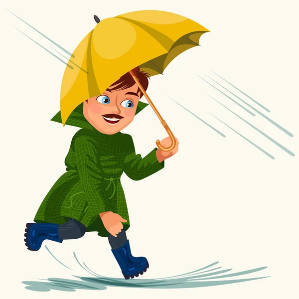 Man walking rain with umbrella hands, raindrops dripping into puddles, boy waterproof jacket rubber boots under raining clouds vector illustration — Stock Vector