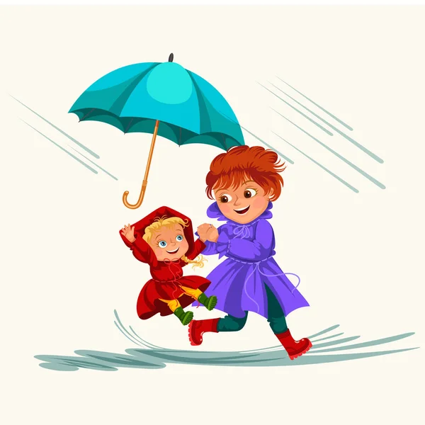 Family woman with girl walking rain with umbrella in hands, raindrops dripping into puddles, baby with mom waterproof jacket rubber boots under raining clouds vector illustration — Stock Vector