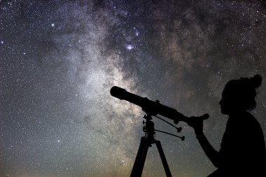 Woman and night sky. Watching the stars Woman with telescope.  clipart