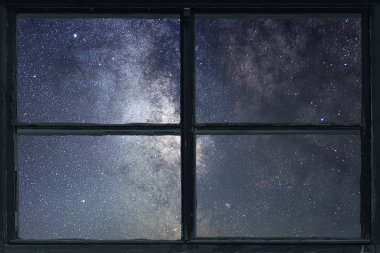 Yıldızlı gece gökyüzü penceresi görünümü. Samanyolu.