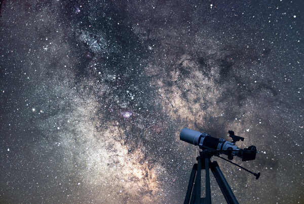Astronomical Telescope  Starry night. Milky Way Galaxy.