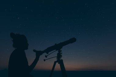 Woman with astronomical telescope. Starry night  Constellations, Ursa major, Leo minor, Leo, Draco Botes, Canes Venatici, Coma Berenices clipart