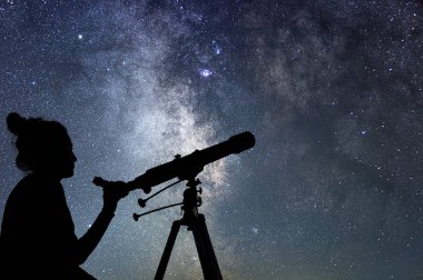 Woman with telescope watching the stars. Stargazing woman and ni clipart