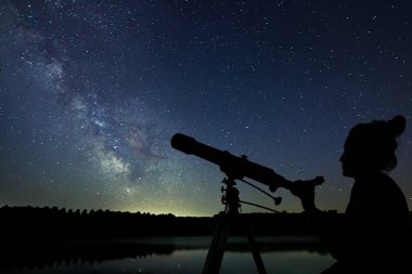 Woman with telescope watching the stars. Stargazing woman and ni clipart