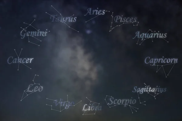 Zodiac constellations Cancer, Pisces, Aquarius, Capricorn, Sagittarius, Scorpio, Libra, Virgo, Leo, Gemini, Taurus, Aries. Galaxy background — Stock Photo, Image