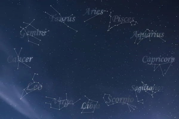 Zodiac constellations Cancer, Pisces, Aquarius, Capricorn, Sagittarius, Scorpio, Libra, Virgo, Leo, Gemini, Taurus, Aries. Galaxy background — Stock Photo, Image