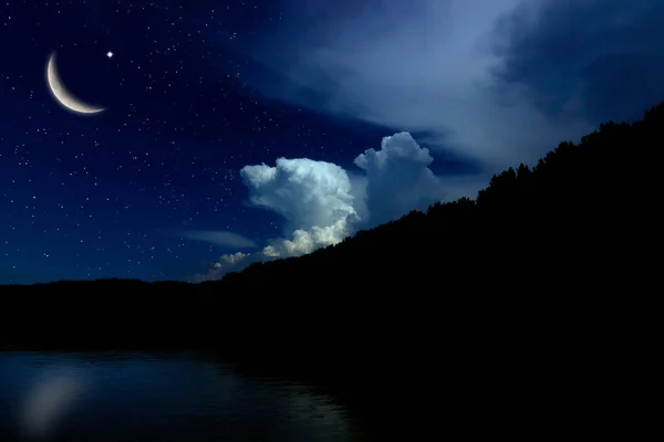 Night sky landscape and moon, stars, Ramadan Kareem celebration — Stock Photo, Image