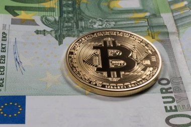 Altın bitcoin Euro arka plan. Bitcoin cryptocurrency.