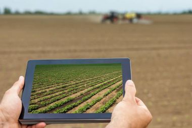Akıllı tarım. Kullanarak çiftçi soya dikim tablet. Modern tarım