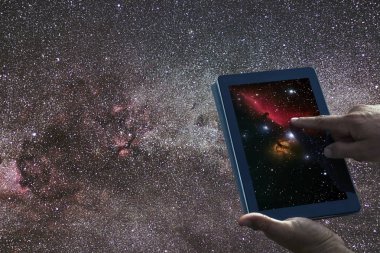 Alan astronomi araştırma kavramı. Gece gökyüzü tablet Samanyolu 