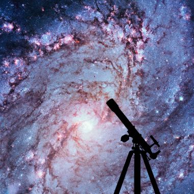 Space background with silhouette of telescope. Messier 83 clipart